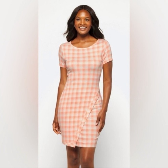 NWT 41 Hawthorn Orange and White Plaid Brigitte Short Sleeve Knit Dress Size M - Picture 1 of 10